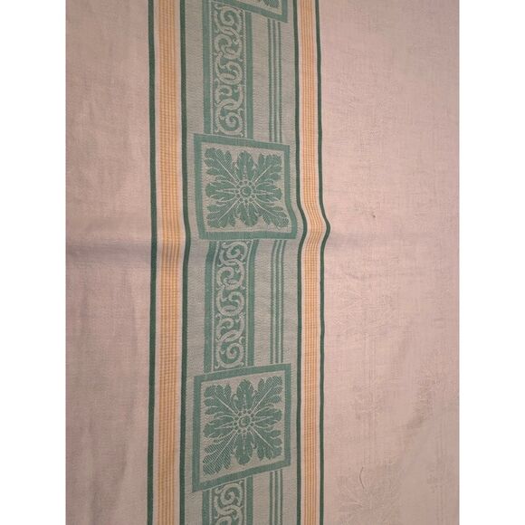 Vintage Damask Tablecloth Green Yellow White Floral - Picture 4 of 5